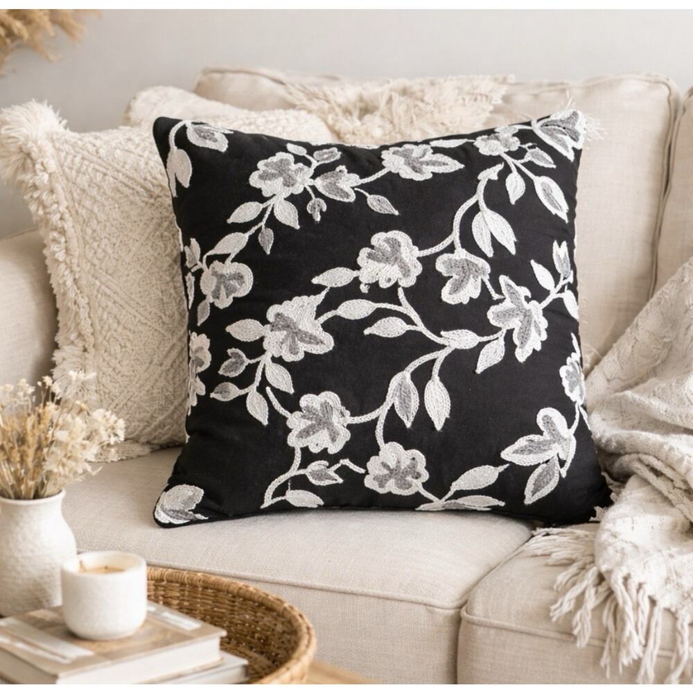 Karl Lagerfeld Paris Embroidered Floral Throw Pillow Blk Wht Textured Boho Decor